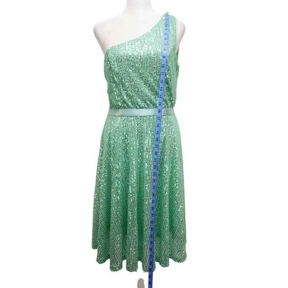 One-Shoulder Light Green Sequined Dress With Ribbon Waist Flowing Skirt Size M - Picture 3 of 12